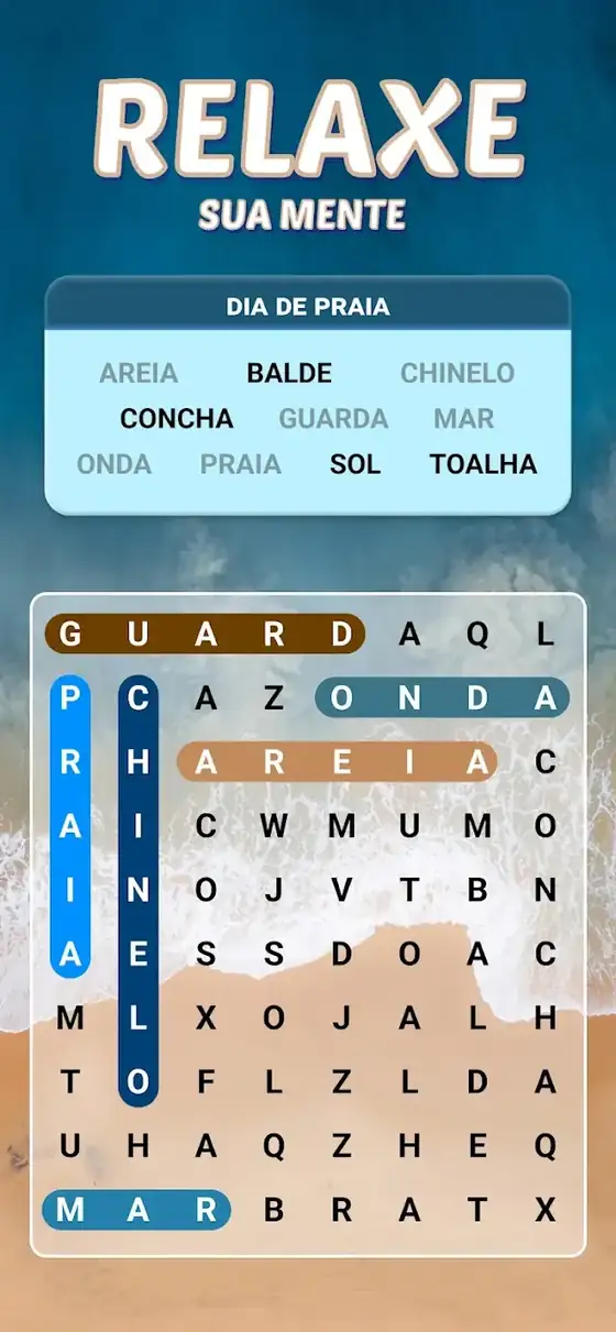 Grelha de sopa de letras com várias palavras já assinaladas — Caça-Palavras Jogo de Palavras