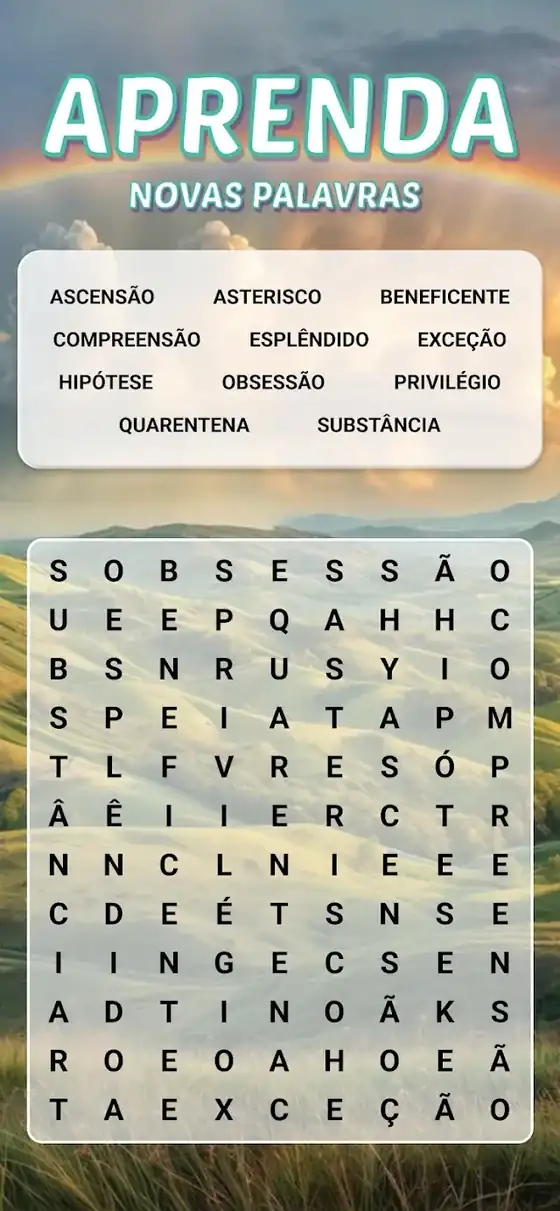 Lista de palavras por encontrar em tons pastel — Caça-Palavras Jogo de Palavras