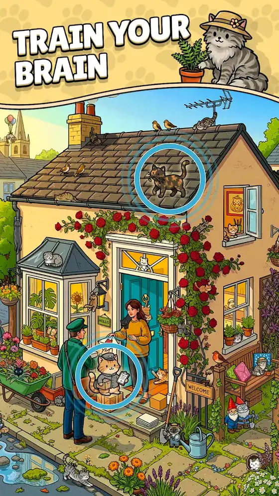 Cena densa com dezenas de objetos e o gato escondido algures — Find The Cat 2 - Spot It!