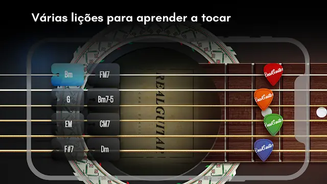 Braço de guitarra desenhado no ecrã com os acordes disponíveis — Real Guitar: guitarra e violão
